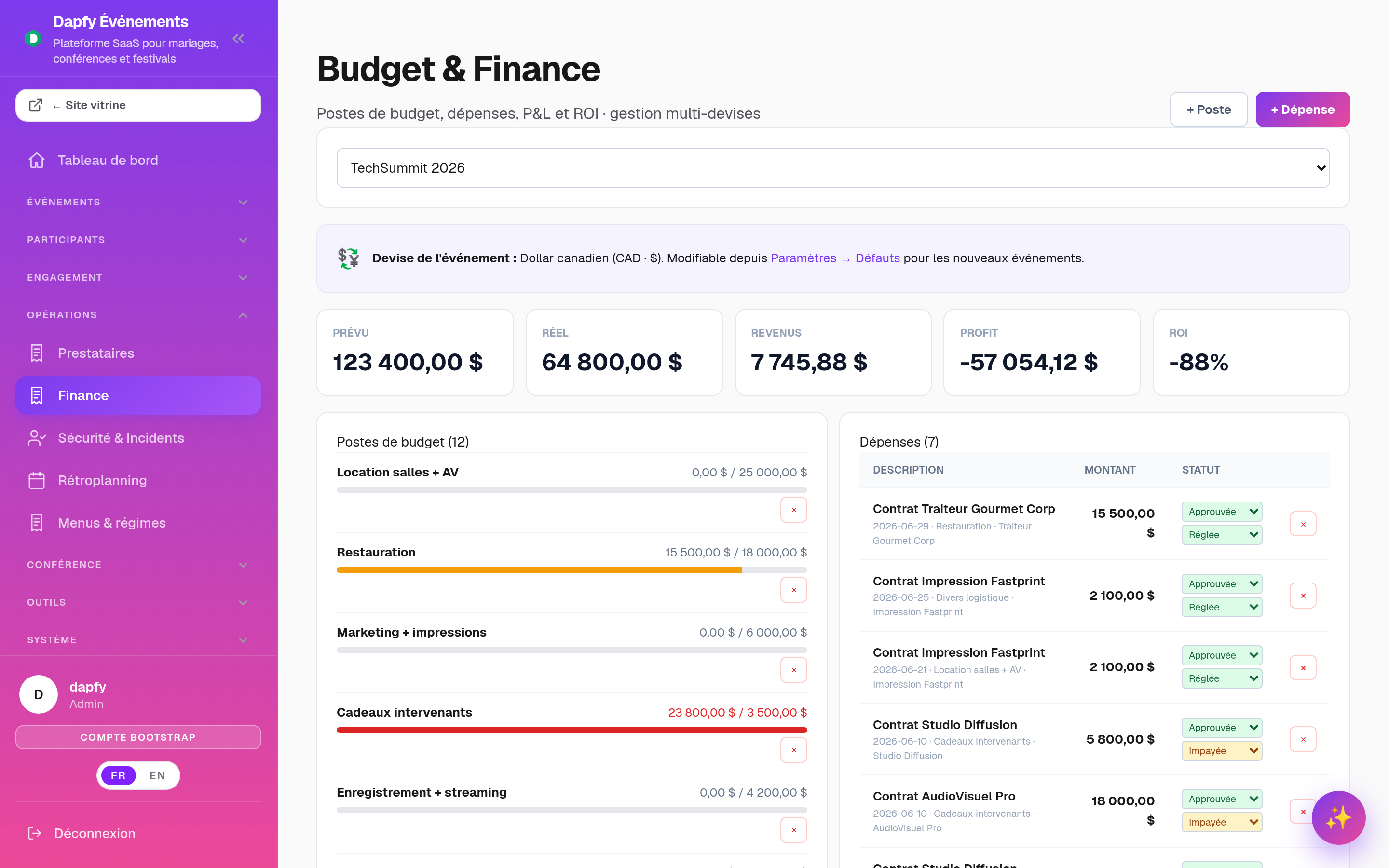 Module Finance — Événements Dapfy, gestion multi-devises