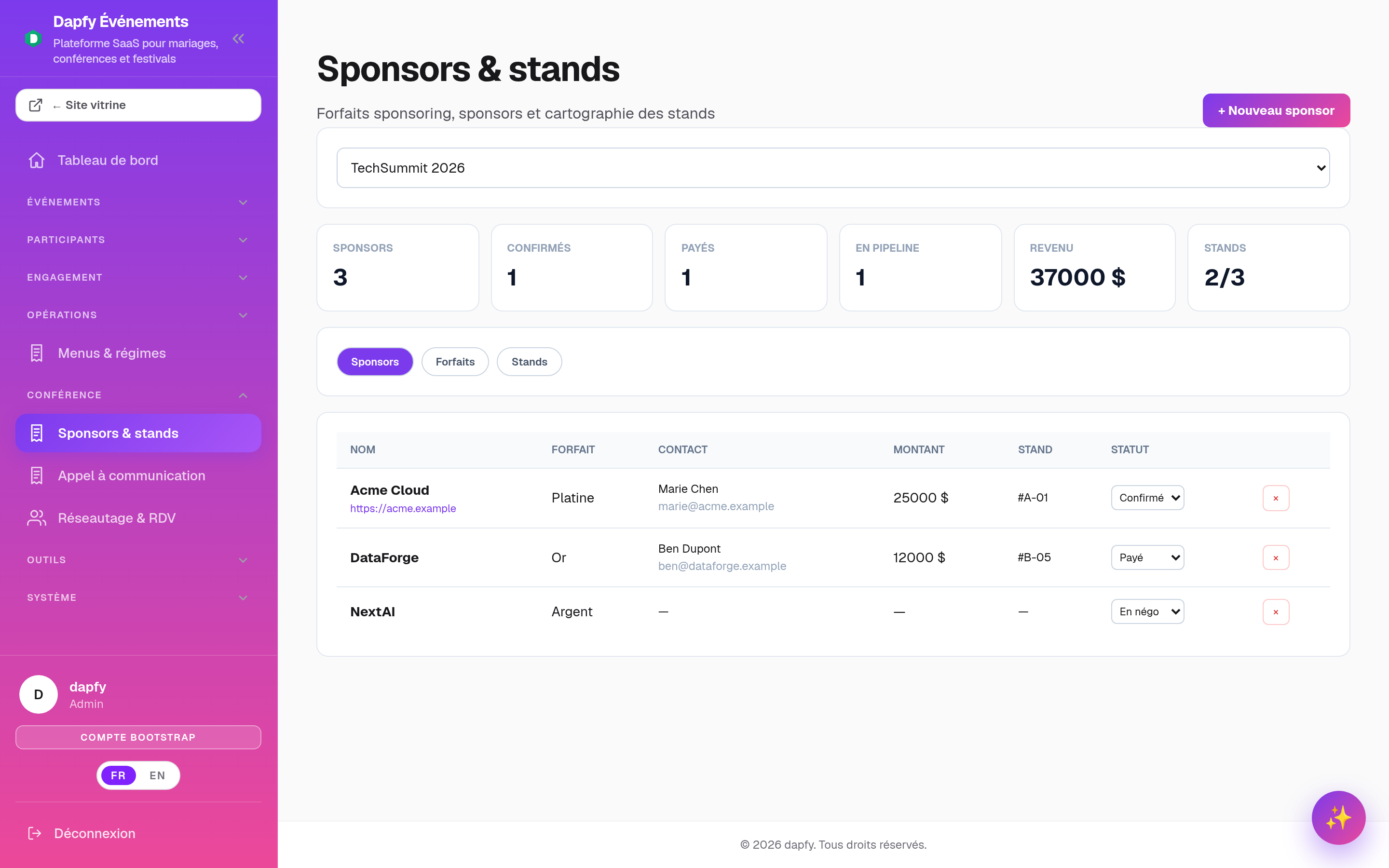 Module Sponsors & stands — Dapfy Événements