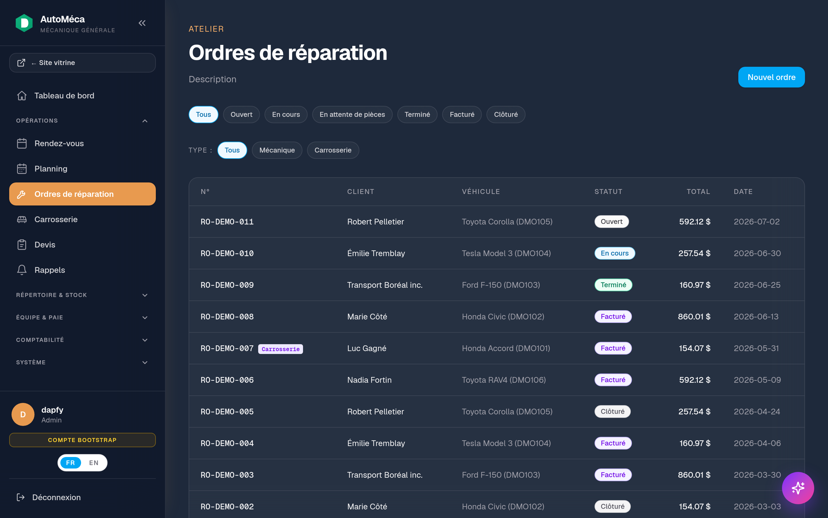 Module Ordres de réparation — AutoMéca